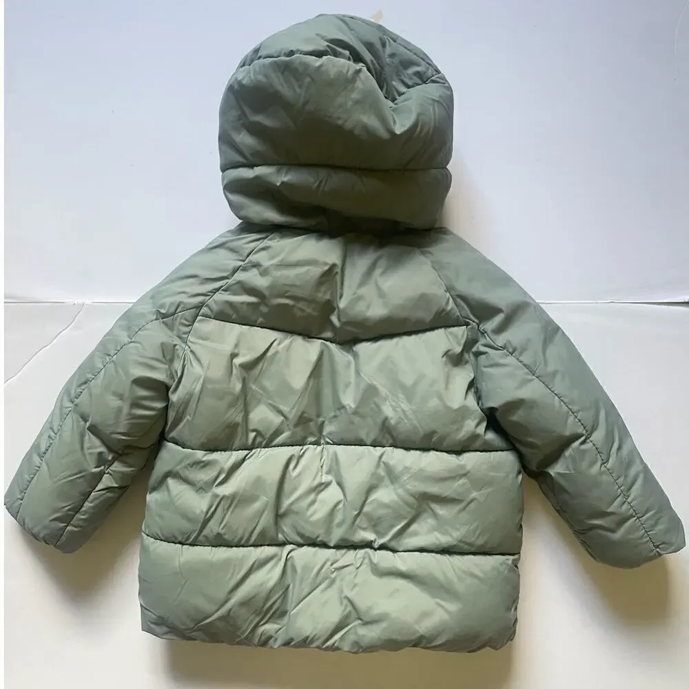 Zara Kids Olive Green Fleece Lined Hooded Puffer Coat • Size 18-24M 🗣